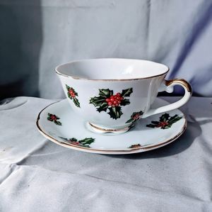 Vintage Lefton Christmas Hand Painted Holly & Leaves Tea Cup & Saucer